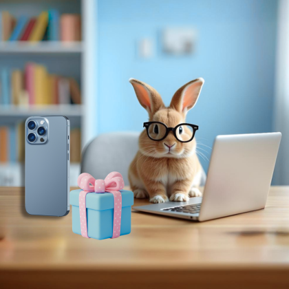 Kleiner Hase mit Iphone und Geschenk